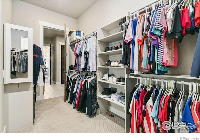 spacious closet featuring light colored carpet