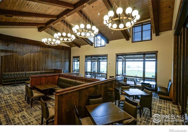 interior space featuring high vaulted ceiling, wood ceiling, a notable chandelier, and beam ceiling