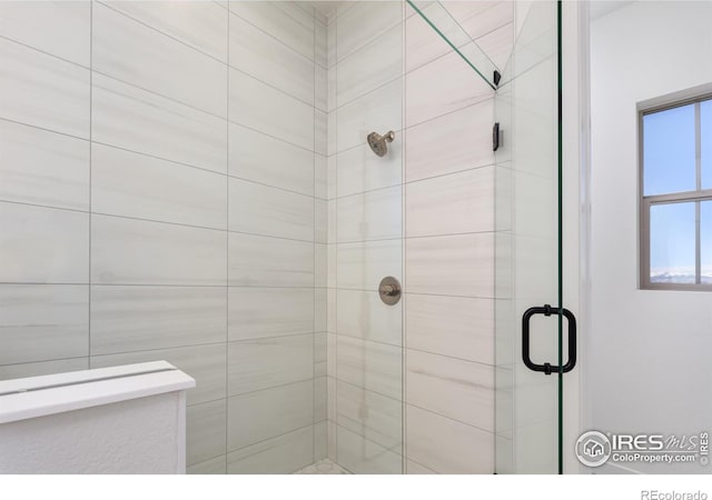 bathroom featuring a shower with shower door