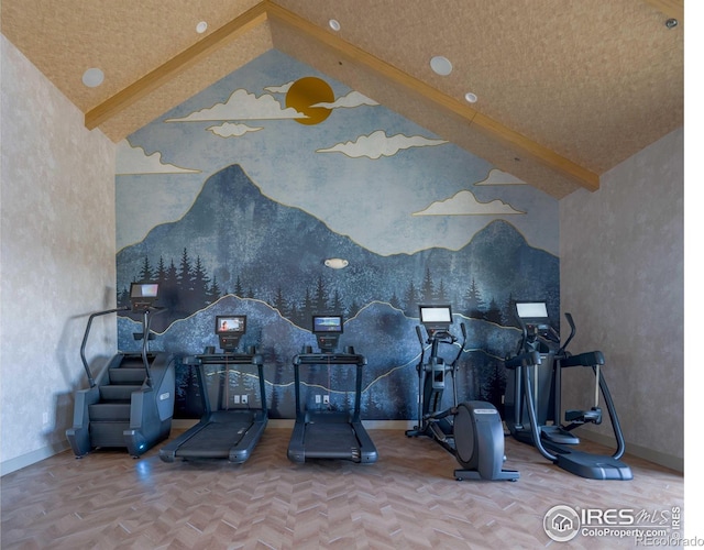 interior space with parquet flooring and high vaulted ceiling