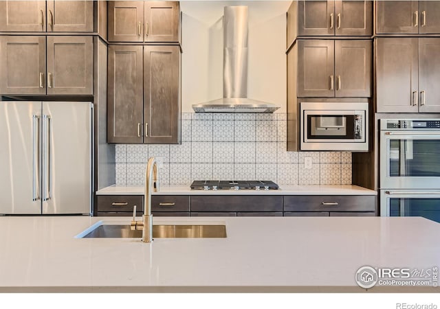 kitchen featuring decorative backsplash, sink, wall chimney exhaust hood, and appliances with stainless steel finishes