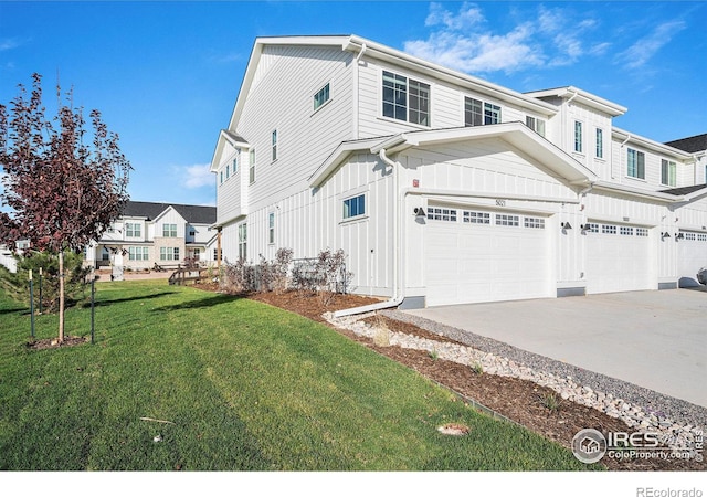 view of home's exterior featuring a garage and a lawn