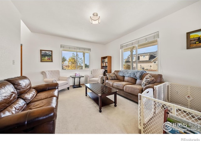 living room featuring light colored carpet