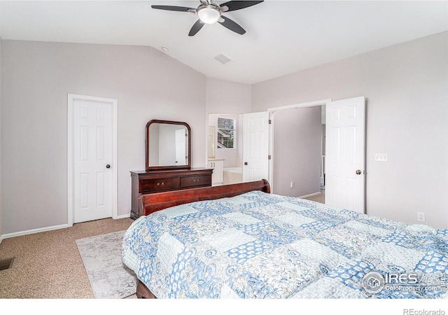 bedroom with light colored carpet, ceiling fan, and vaulted ceiling