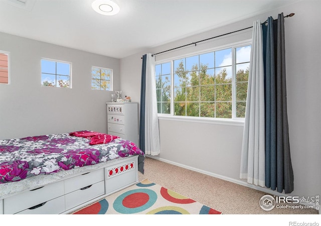 bedroom with light carpet