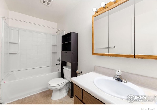 full bathroom featuring toilet, shower / tub combination, vanity, and tile patterned floors