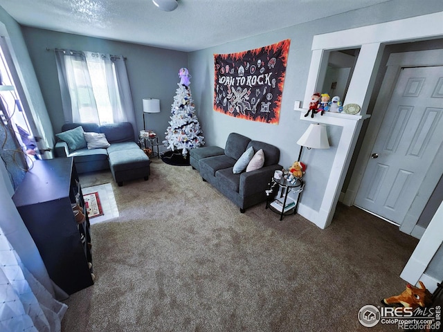 carpeted living area featuring a textured ceiling and baseboards