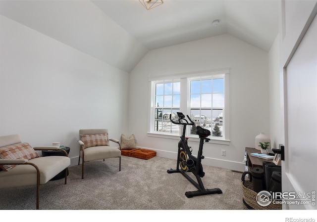 workout room with light carpet and lofted ceiling