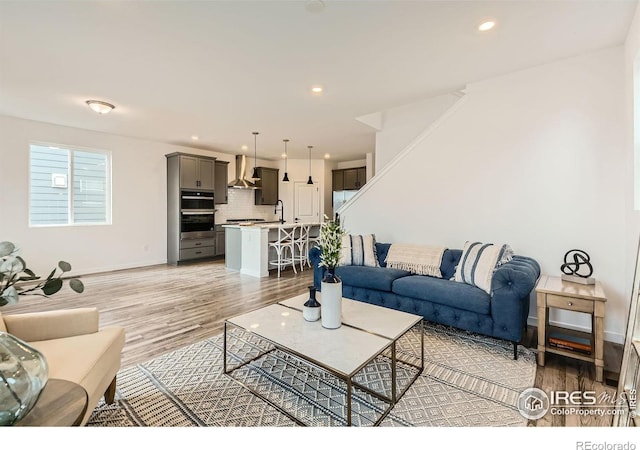 living room featuring light hardwood / wood-style flooring and sink