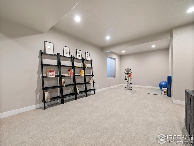 workout area with carpet, baseboards, and recessed lighting