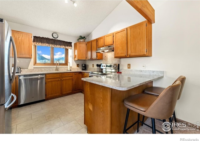 kitchen with stainless steel appliances, lofted ceiling, kitchen peninsula, a textured ceiling, and a kitchen breakfast bar