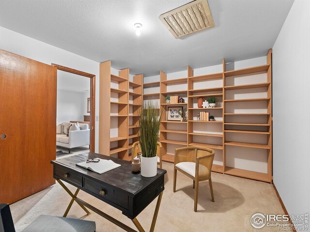 home office featuring light carpet and a textured ceiling