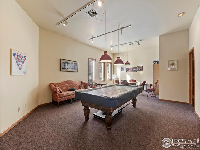 rec room with rail lighting, carpet floors, and billiards