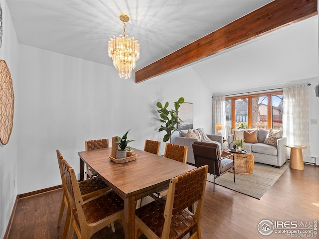 dining space with lofted ceiling with beams, wood-type flooring, and a notable chandelier