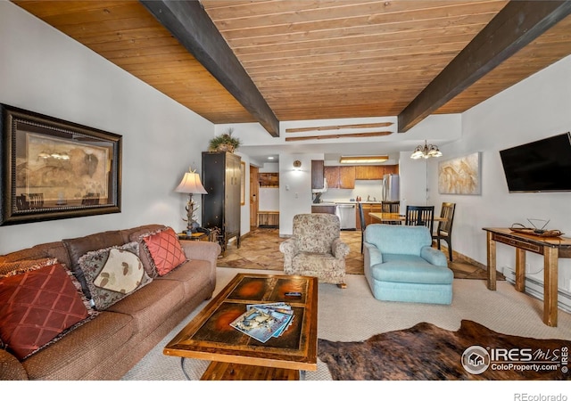 carpeted living room with wood ceiling, a notable chandelier, and beam ceiling