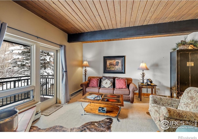 carpeted living room featuring baseboard heating, wood ceiling, and beam ceiling