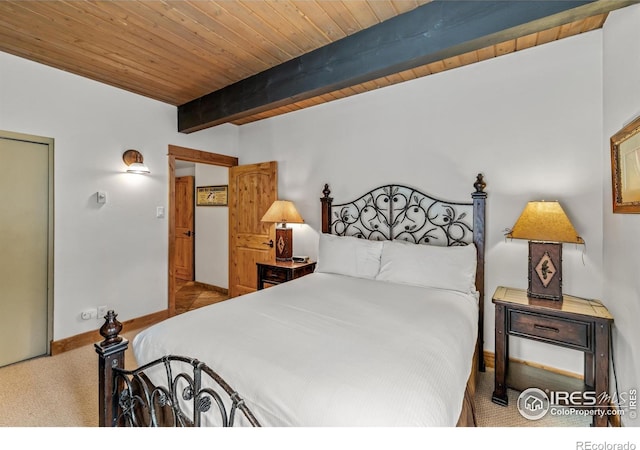 bedroom with light colored carpet, wood ceiling, and beam ceiling