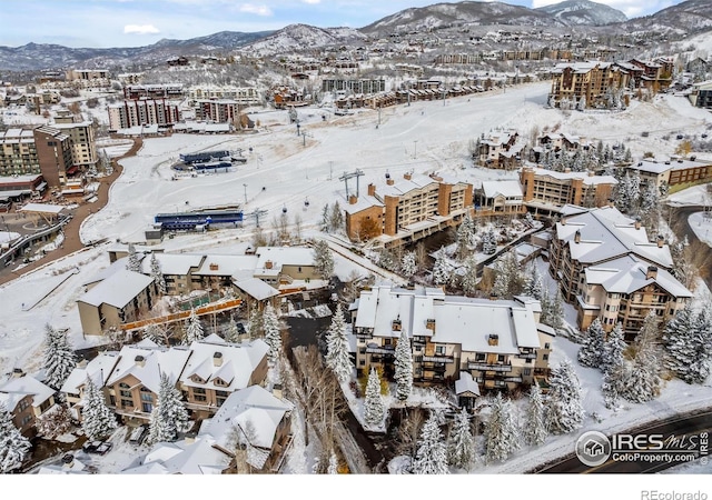 snowy aerial view featuring a mountain view