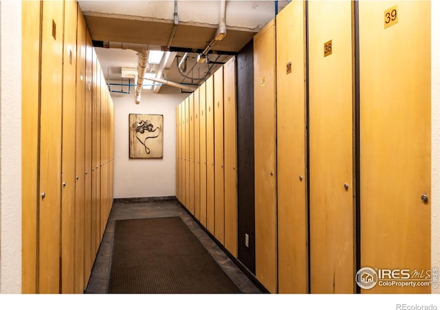 hallway featuring wooden walls