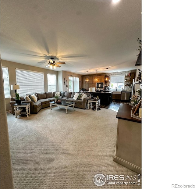 living room with a wealth of natural light, a textured ceiling, and ceiling fan