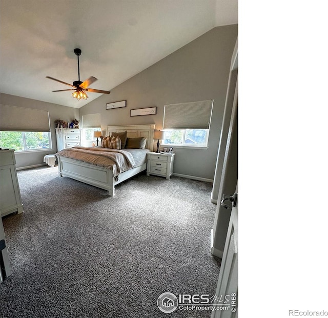 unfurnished bedroom featuring carpet floors, lofted ceiling, and ceiling fan