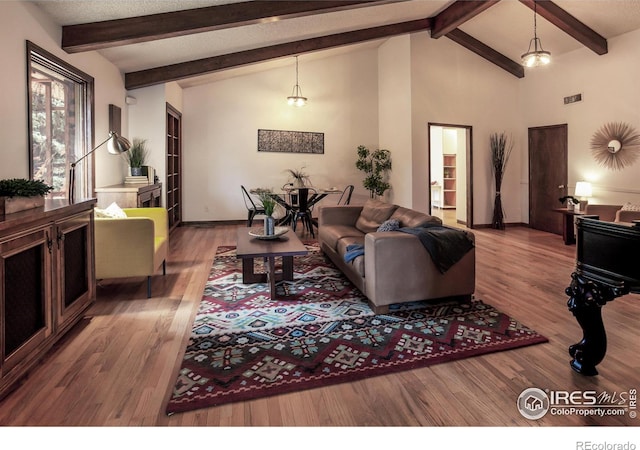 living room with hardwood / wood-style floors and lofted ceiling with beams