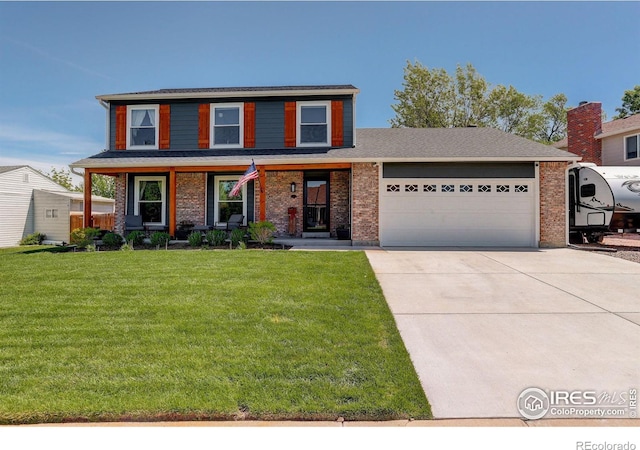 front facade featuring a garage, a porch, and a front lawn