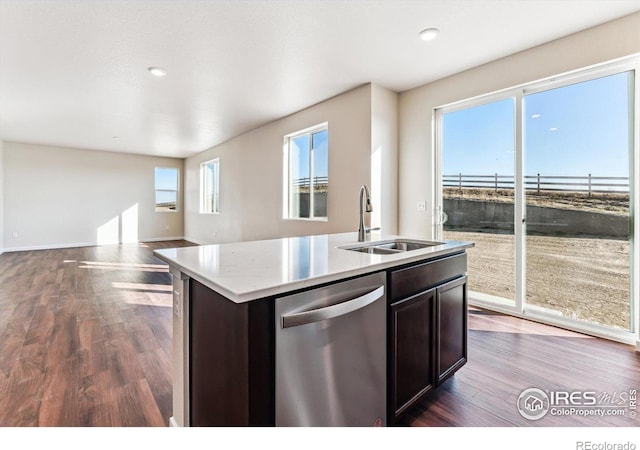 kitchen featuring a wealth of natural light, stainless steel dishwasher, sink, and dark hardwood / wood-style flooring