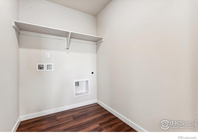 washroom with dark wood-type flooring, hookup for a washing machine, and electric dryer hookup