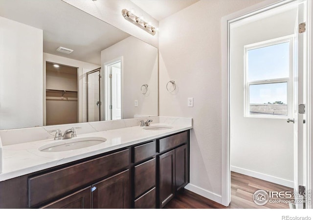 bathroom featuring hardwood / wood-style flooring and vanity