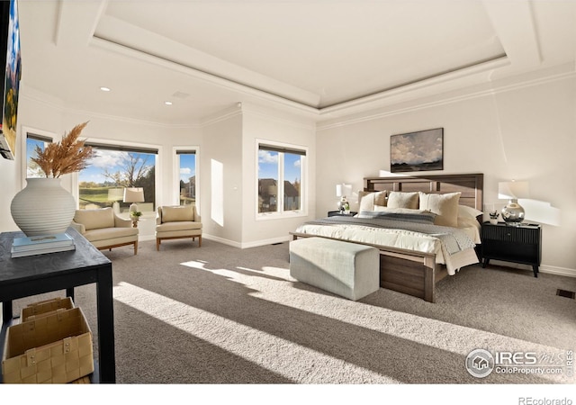 carpeted bedroom featuring ornamental molding and a tray ceiling