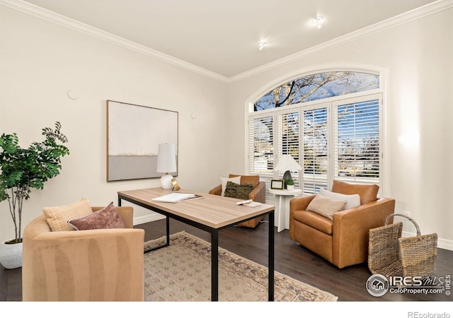 office with dark hardwood / wood-style floors and ornamental molding