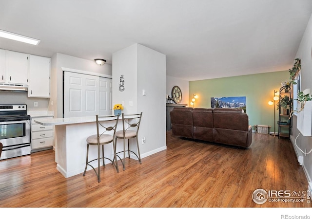 kitchen with white cabinets, light wood-type flooring, and stainless steel stove