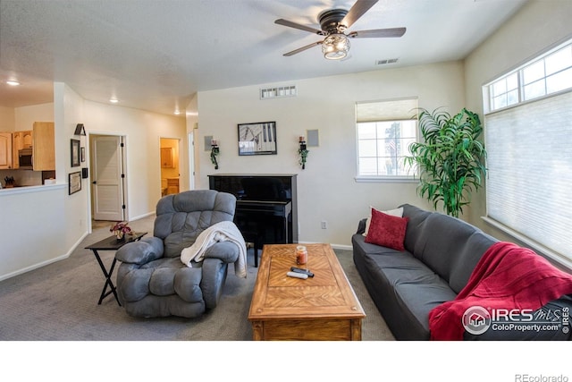 living room featuring carpet, ceiling fan, a healthy amount of sunlight, and a textured ceiling