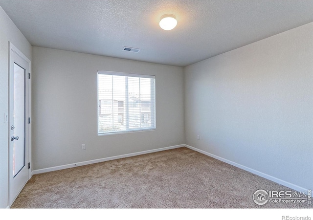 empty room featuring light colored carpet and a textured ceiling