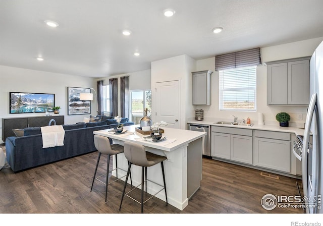 kitchen with stainless steel dishwasher, dark hardwood / wood-style flooring, sink, and a wealth of natural light