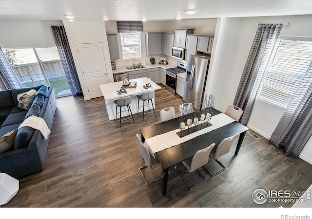 dining space featuring a textured ceiling, dark wood-type flooring, and sink