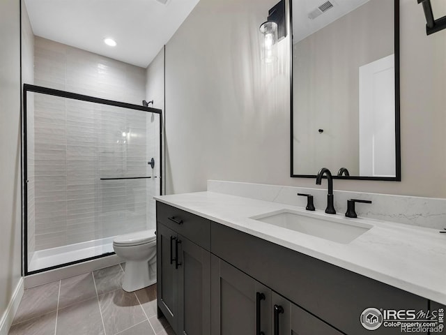 full bath with vanity, visible vents, recessed lighting, a shower stall, and toilet