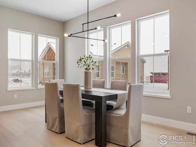 dining room featuring light wood finished floors, visible vents, and baseboards