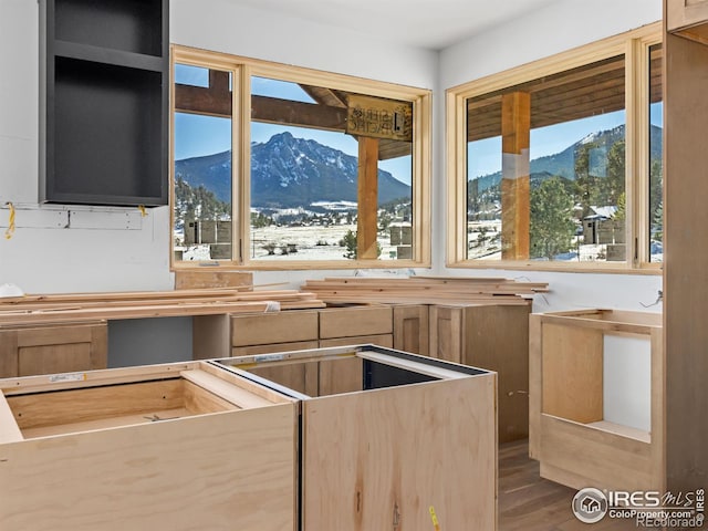 kitchen with hardwood / wood-style floors, a mountain view, and light brown cabinets