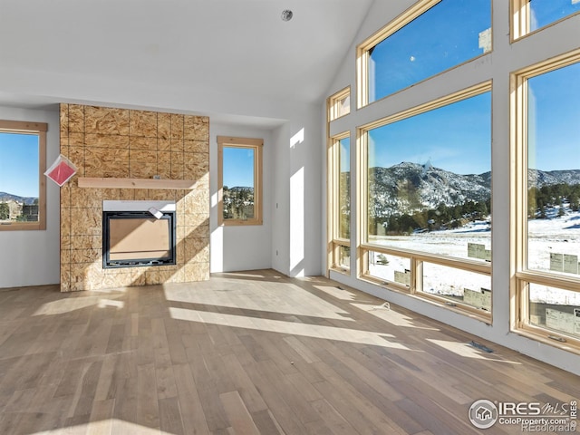 interior space featuring a tile fireplace, a mountain view, hardwood / wood-style floors, and a healthy amount of sunlight