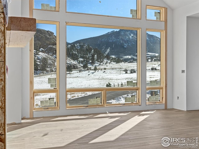 doorway with a mountain view and light hardwood / wood-style flooring