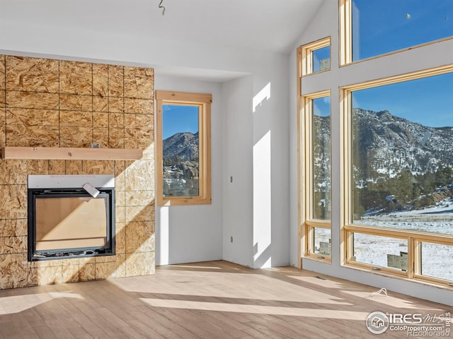 unfurnished living room featuring hardwood / wood-style flooring, a mountain view, and a wealth of natural light