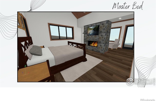 bedroom with a fireplace, lofted ceiling, and dark wood-type flooring