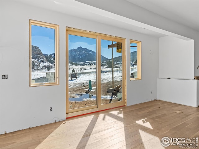 doorway to outside with a mountain view and light hardwood / wood-style flooring