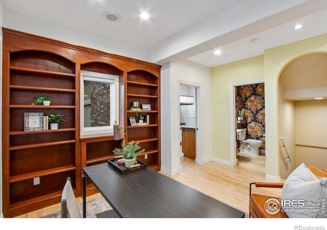 378 High Pointe Dr, Fort Collins, CO 80525 - office area with light wood-style floors, baseboards, and recessed lighting