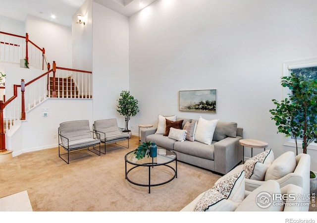 378 High Pointe Dr, Fort Collins, CO 80525 - living room featuring stairs, carpet, baseboards, and recessed lighting