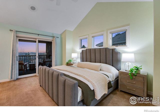 378 High Pointe Dr, Fort Collins, CO 80525 - bedroom featuring access to exterior, light colored carpet, baseboards, ceiling fan, and high vaulted ceiling