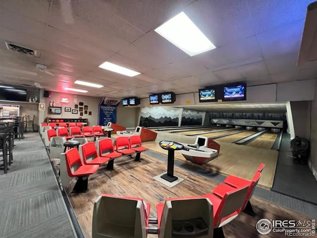 game room featuring wood-type flooring and bowling