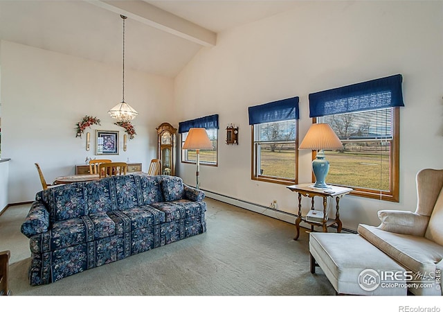 living room with carpet flooring, high vaulted ceiling, baseboard heating, and beamed ceiling